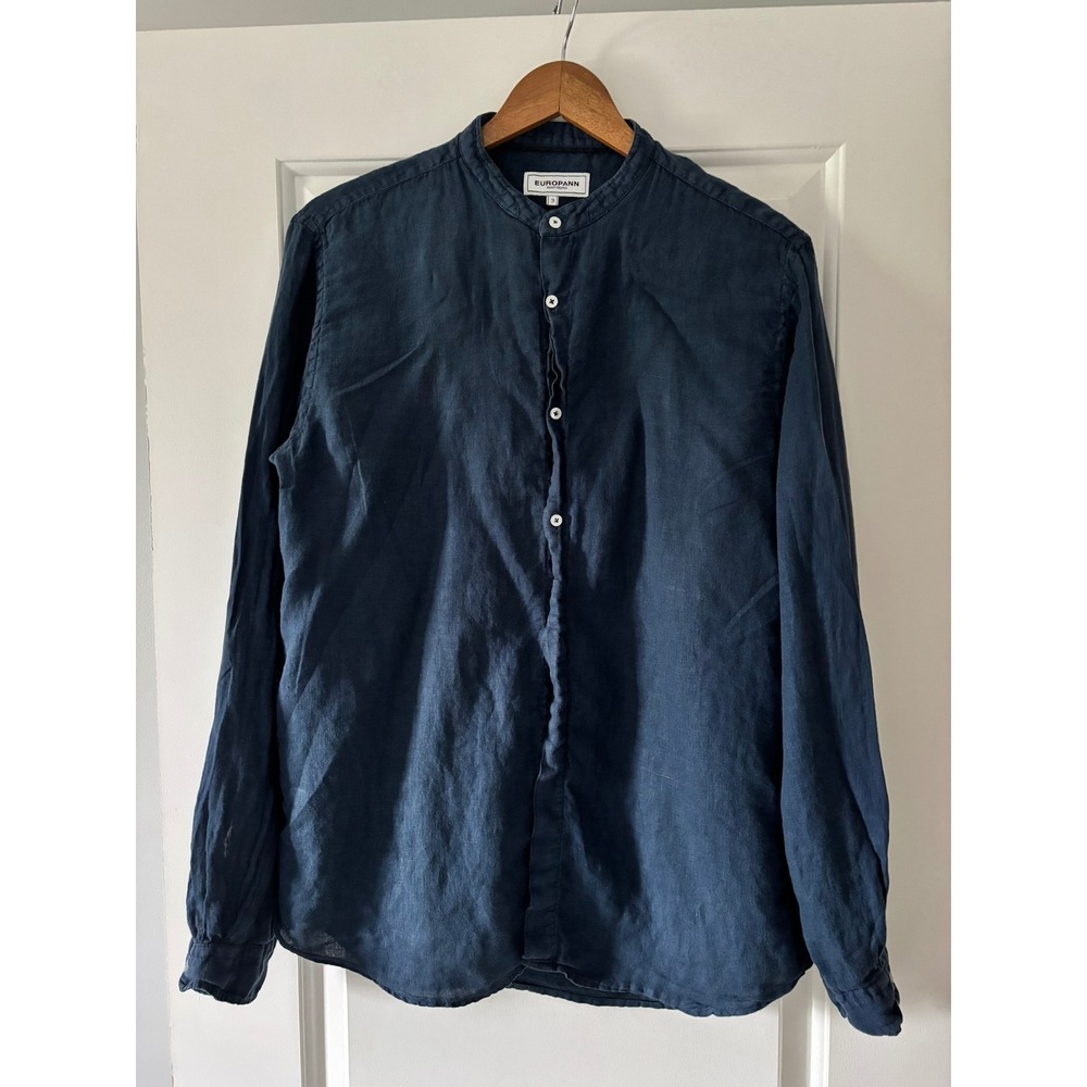 Europann Saint Tropez Linen Shirt Mens 3 Navy Blue Grandad Collar Coastal Casual